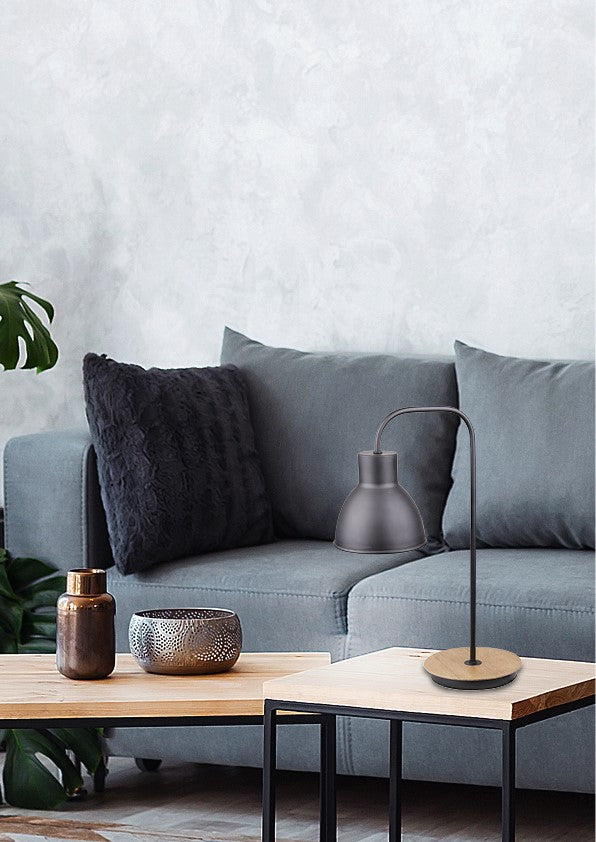 Lampe noire sur table basse en bois devant canapé gris, coussins foncés et plante verte.