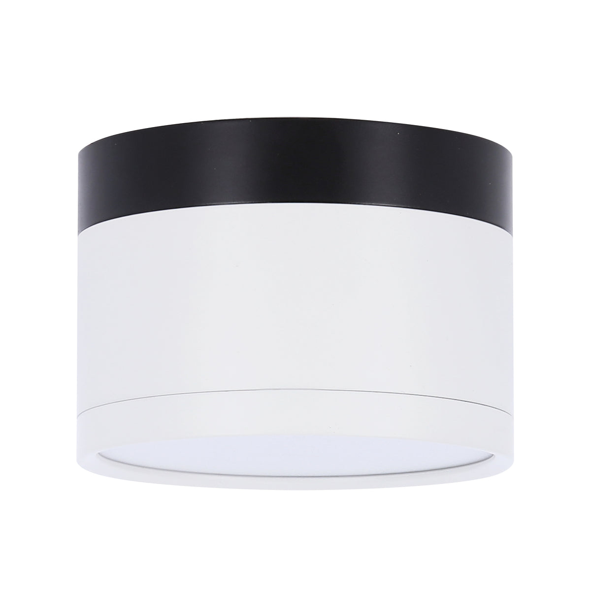 Spot LED cylindrique noir et blanc vu de face sur fond blanc