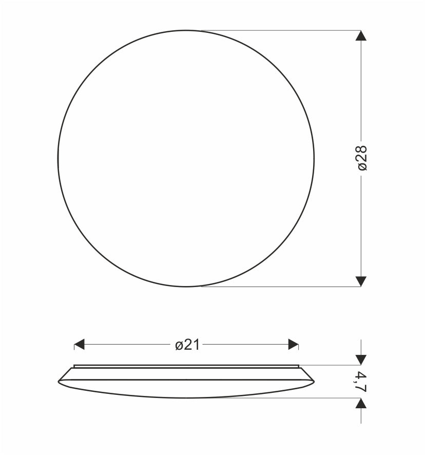 Schéma de dimensions : diamètre 28 cm, base 21 cm et épaisseur 4,7 cm