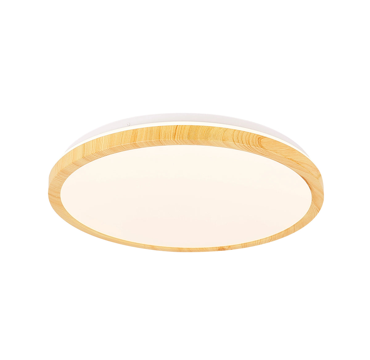 Présentation du luminaire rond à bord bois et diffuseur opalin
