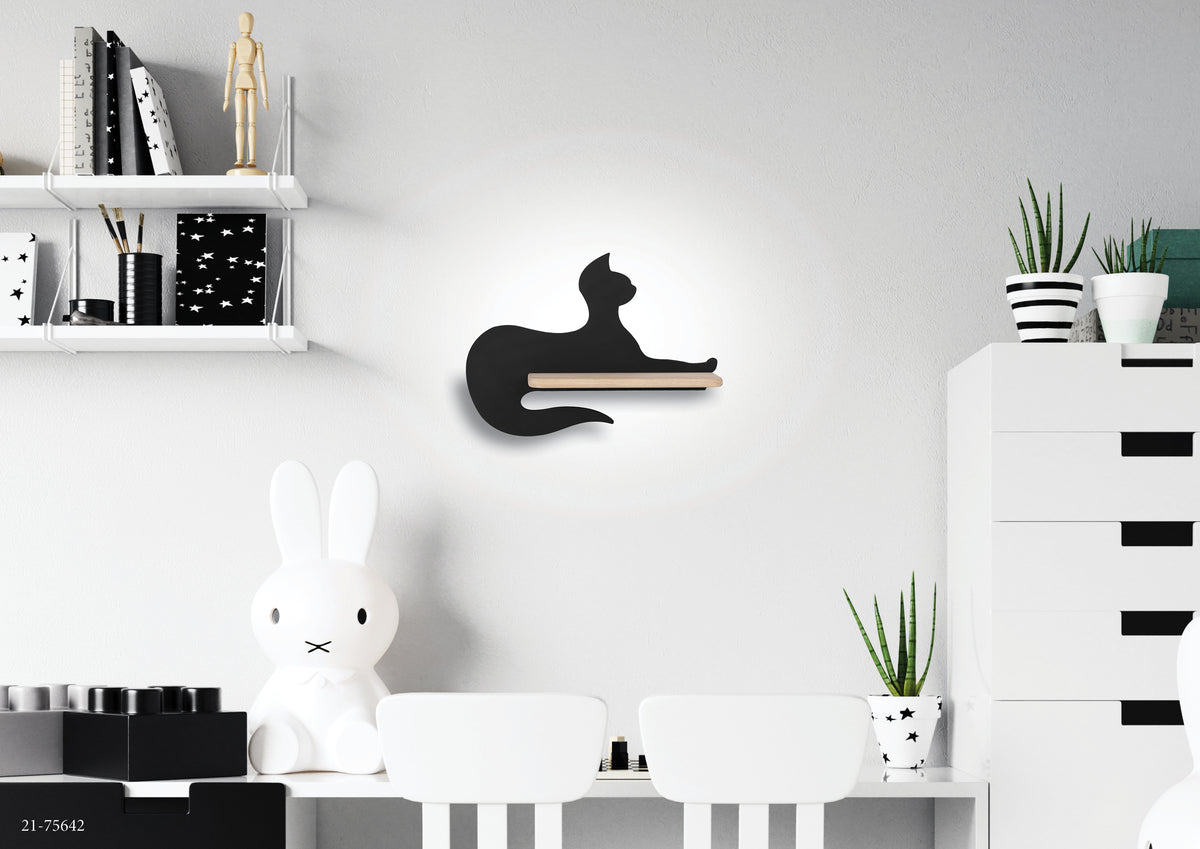 Applique murale LED Cat pour chambre d'enfant noire, bois, L 36,3 cm