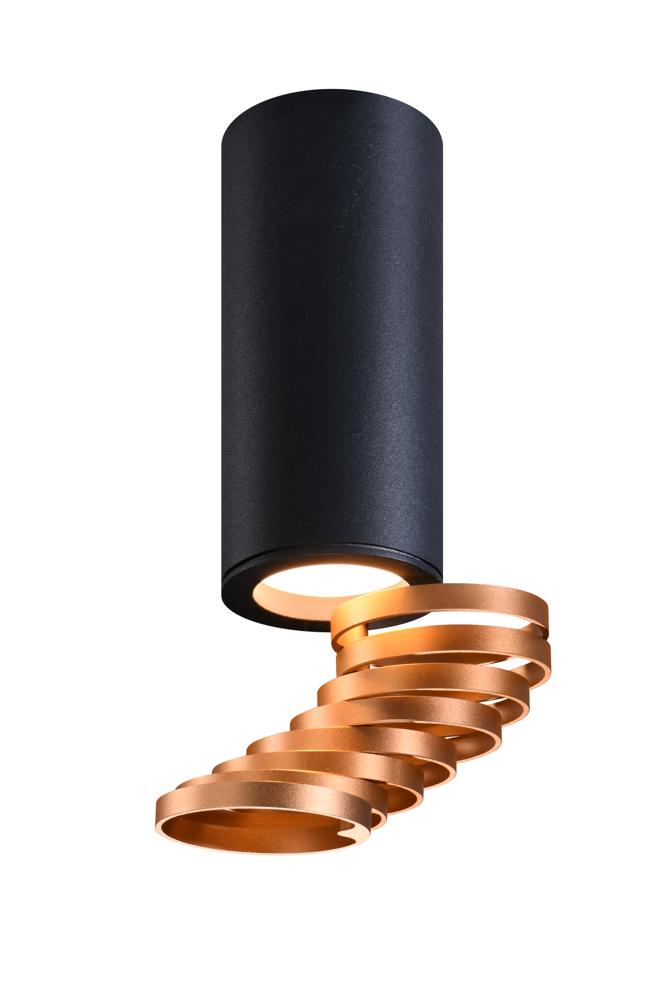 Version noire mate du luminaire avec spirale cuivrée, vue de face détourée