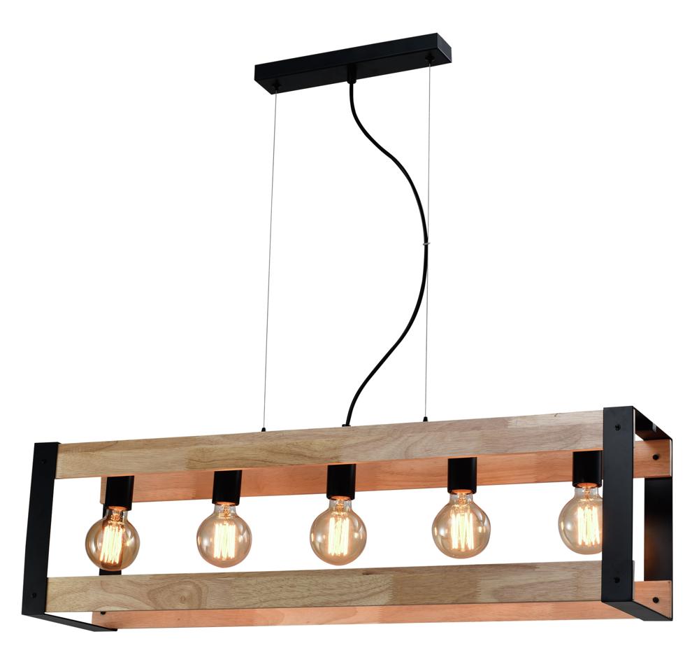 Luminaire suspendu en bois clair et métal noir avec cinq ampoules visibles, fond blanc.