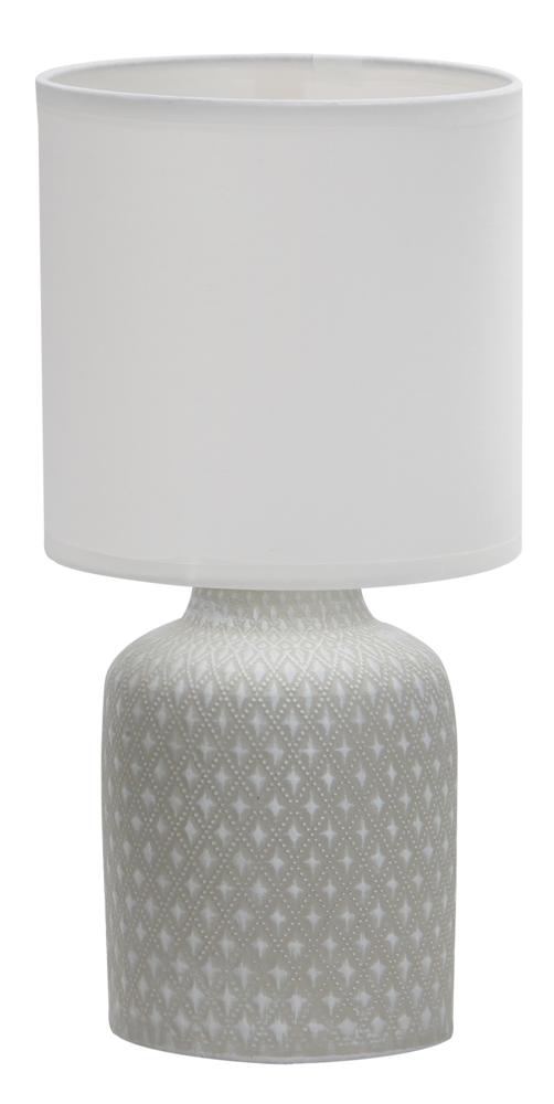 Lampe à poser de face, abat-jour cylindrique blanc et pied gris clair à motif tressé
