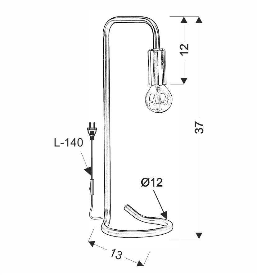 Schéma technique avec hauteur 37 cm, base Ø12 cm et câble L-140.