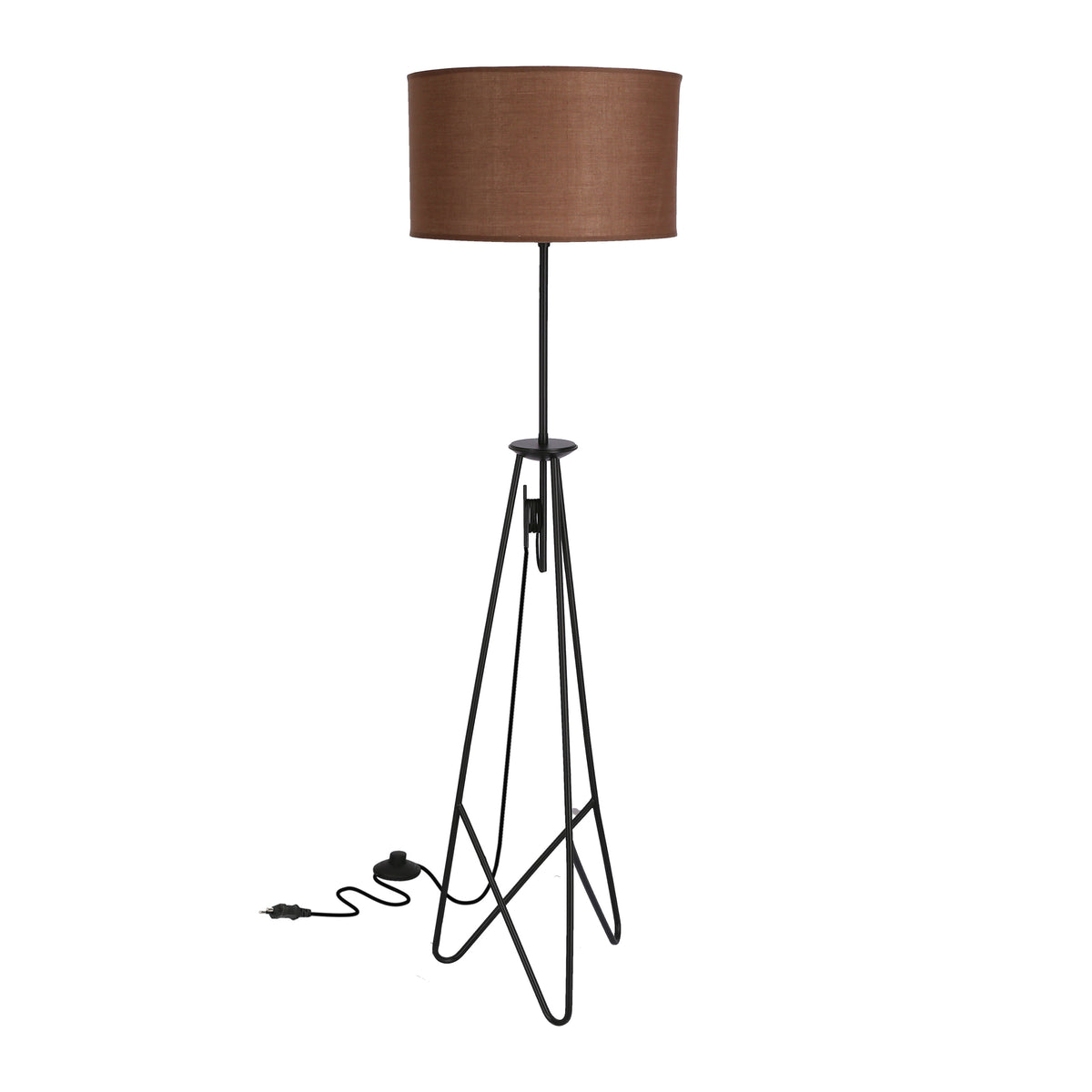 Lampadaire complet avec abat-jour cylindrique en tissu brun et base trépied noire