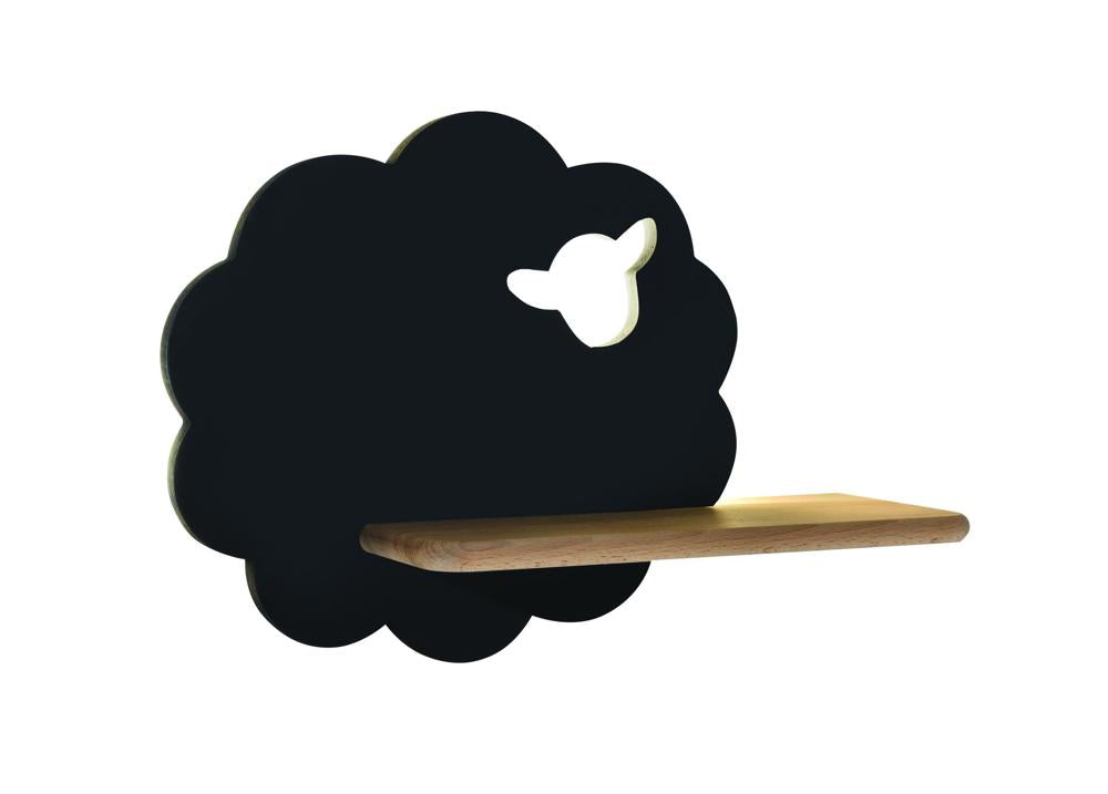 Applique murale noire en nuage avec découpe mouton et étagère en bois, vue de face.