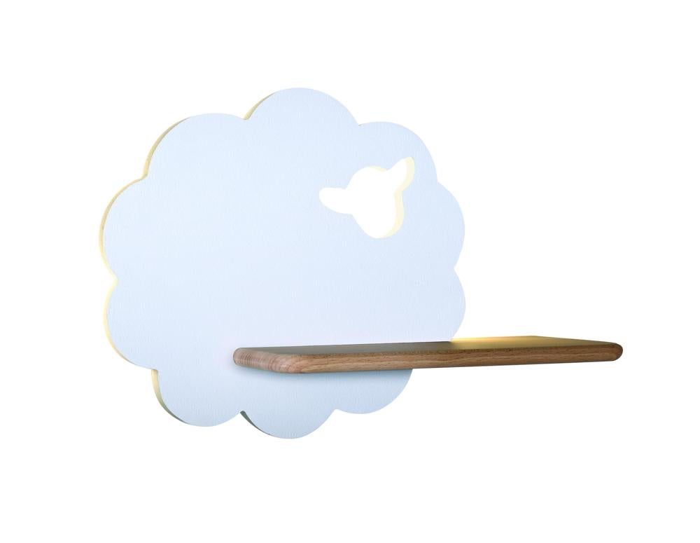 Applique murale en forme de nuage blanc avec petite étagère en bois, vue de face