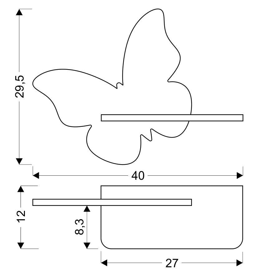 Schéma de dimensions de l'applique papillon : hauteur 29,5 cm, largeur 40 cm, étagère 27 cm.