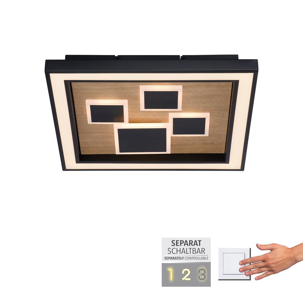 Plafonnier Eliza noir et bois, L 48 cm