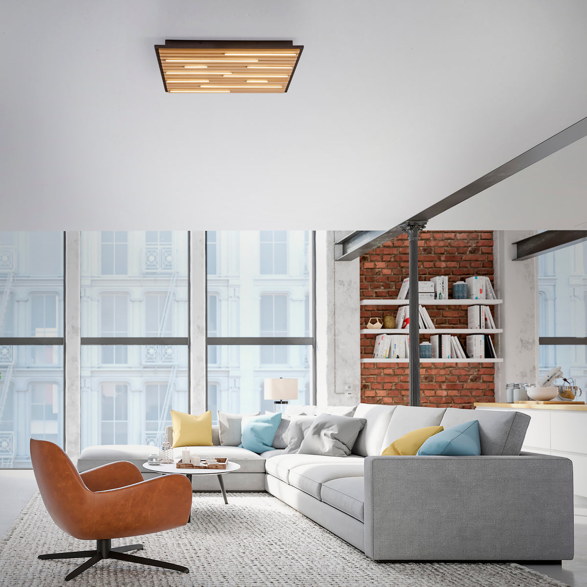 Mise en ambiance du plafonnier allumé dans un salon au style industriel