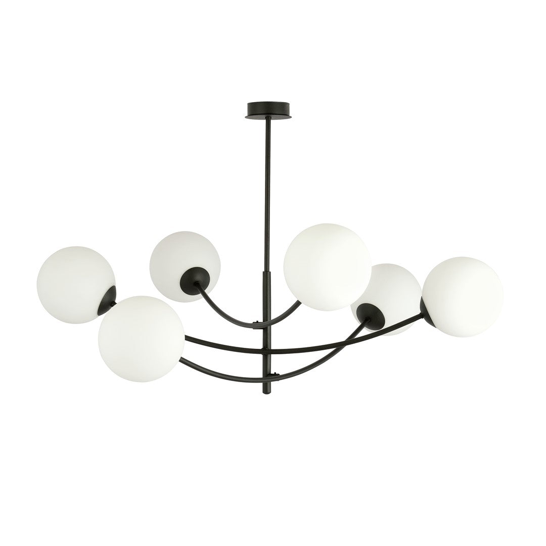 Vue de face du luminaire noir à six globes opale sur fond blanc