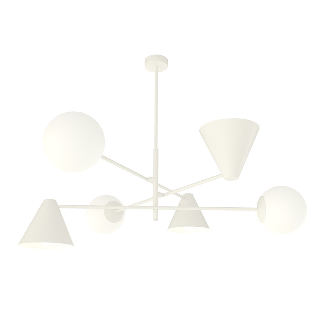 Lustre blanc à six lumières de face sur fond neutre, sphères et cônes