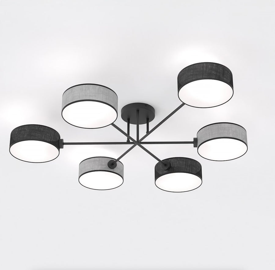 Plafonnier six lumières vu de dessous, abat-jours cylindriques noirs et gris