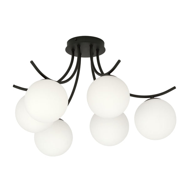 Boston 6-light ceiling light, black, opal glass
