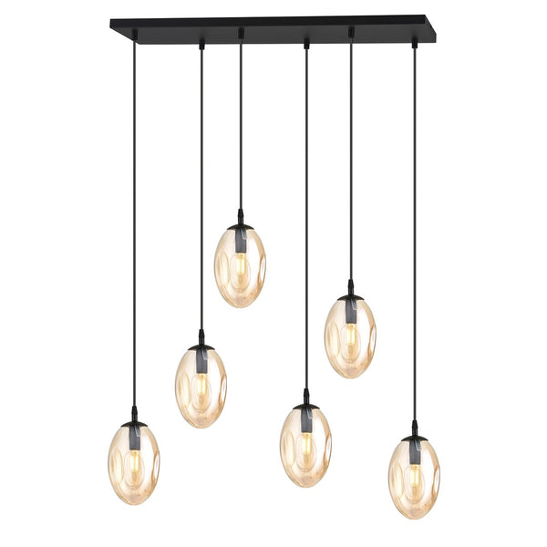 Astral 6-light pendant, black, amber glass