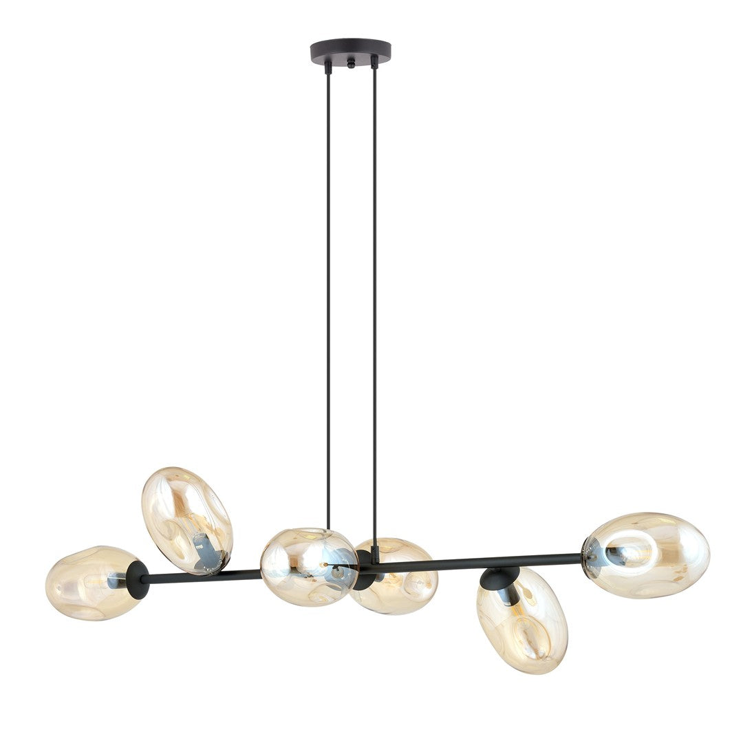 Pandora 6-light pendant lamp, black, amber glass