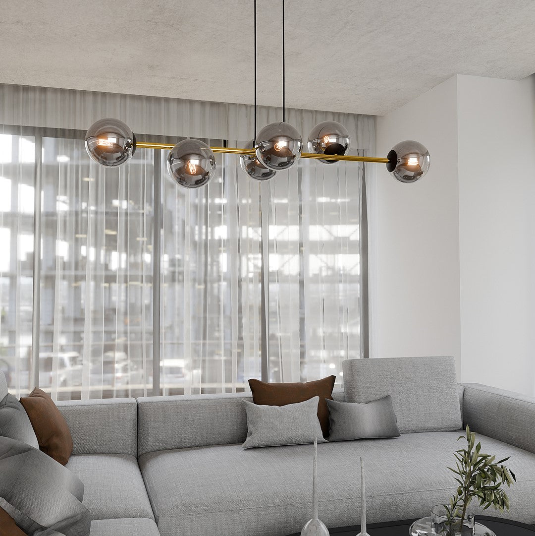 Gravity 6-light pendant, black, graphite glass