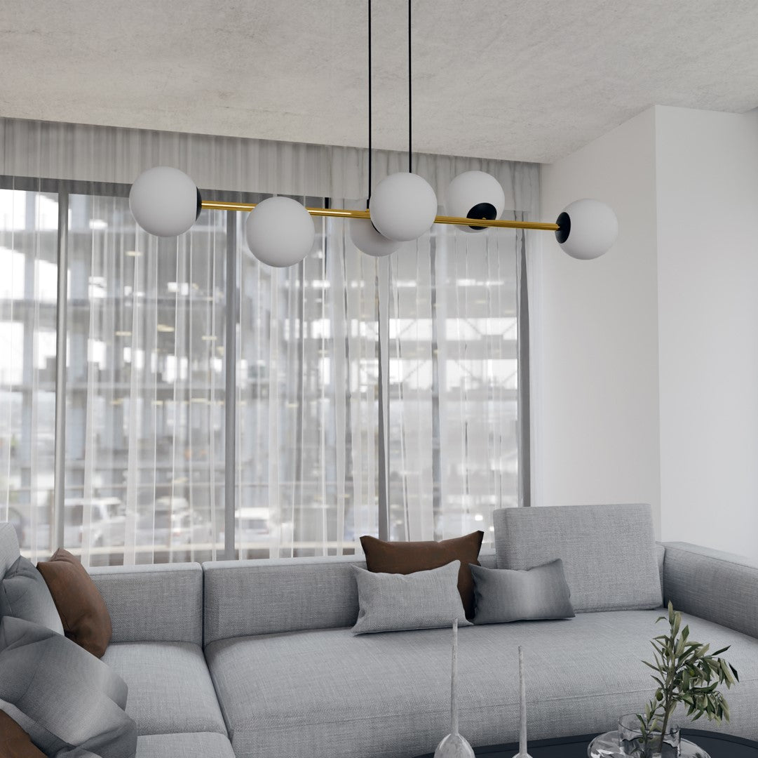 Gravity 6-light pendant, black, opal glass