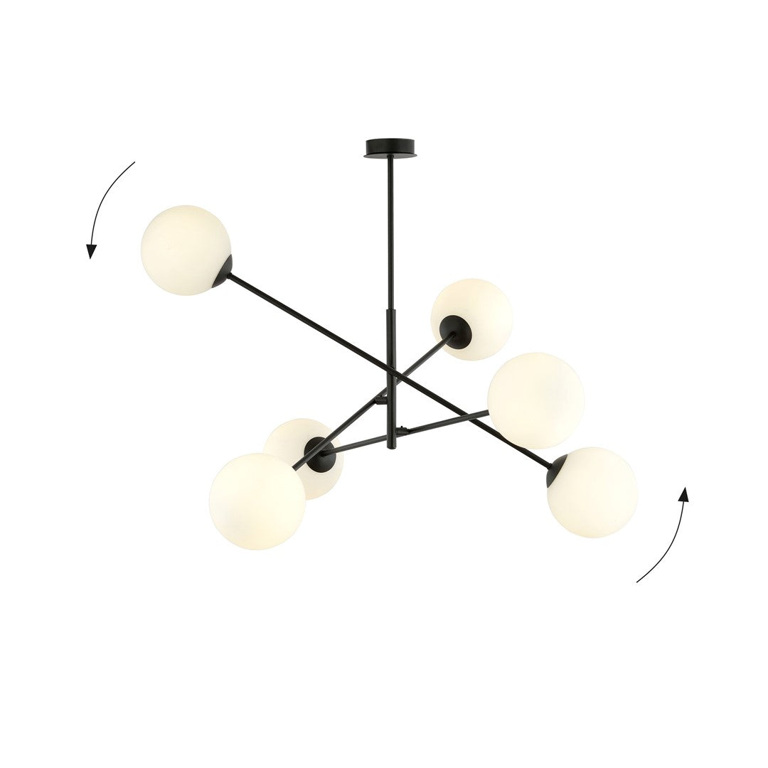 Schéma de réglage avec flèches, suspension noire aux bras orientables et globes opale.