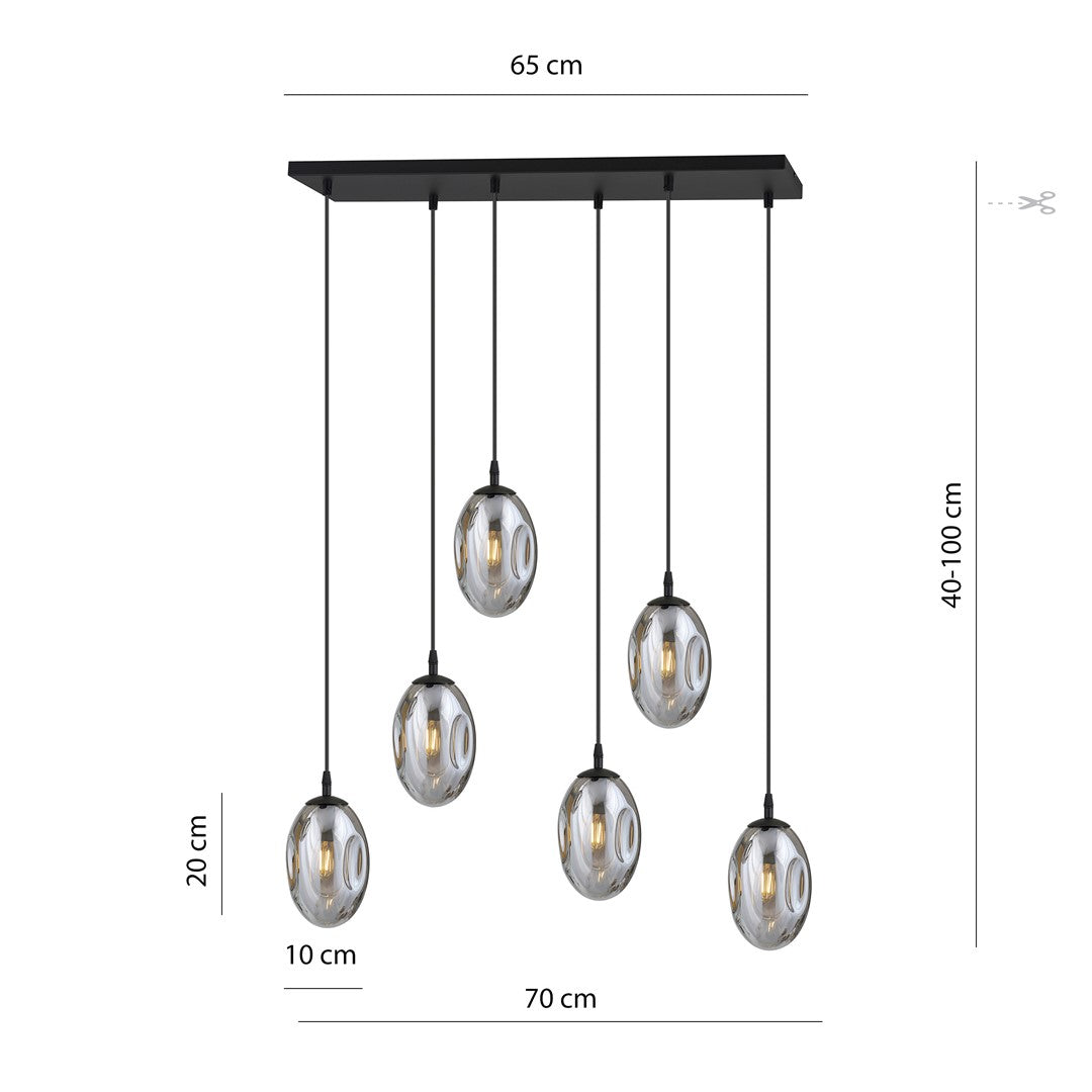 Astral 6-light pendant, black, graphite glass