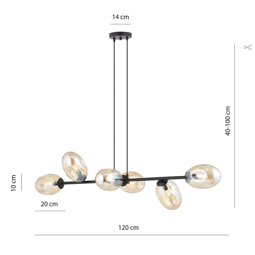 Pandora 6-light pendant lamp, black, amber glass