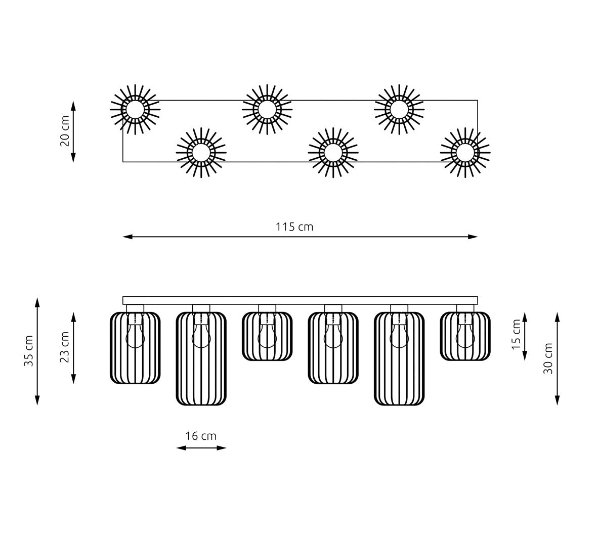 Schéma de dimensions du plafonnier avec largeur, hauteur et entraxe des cages.