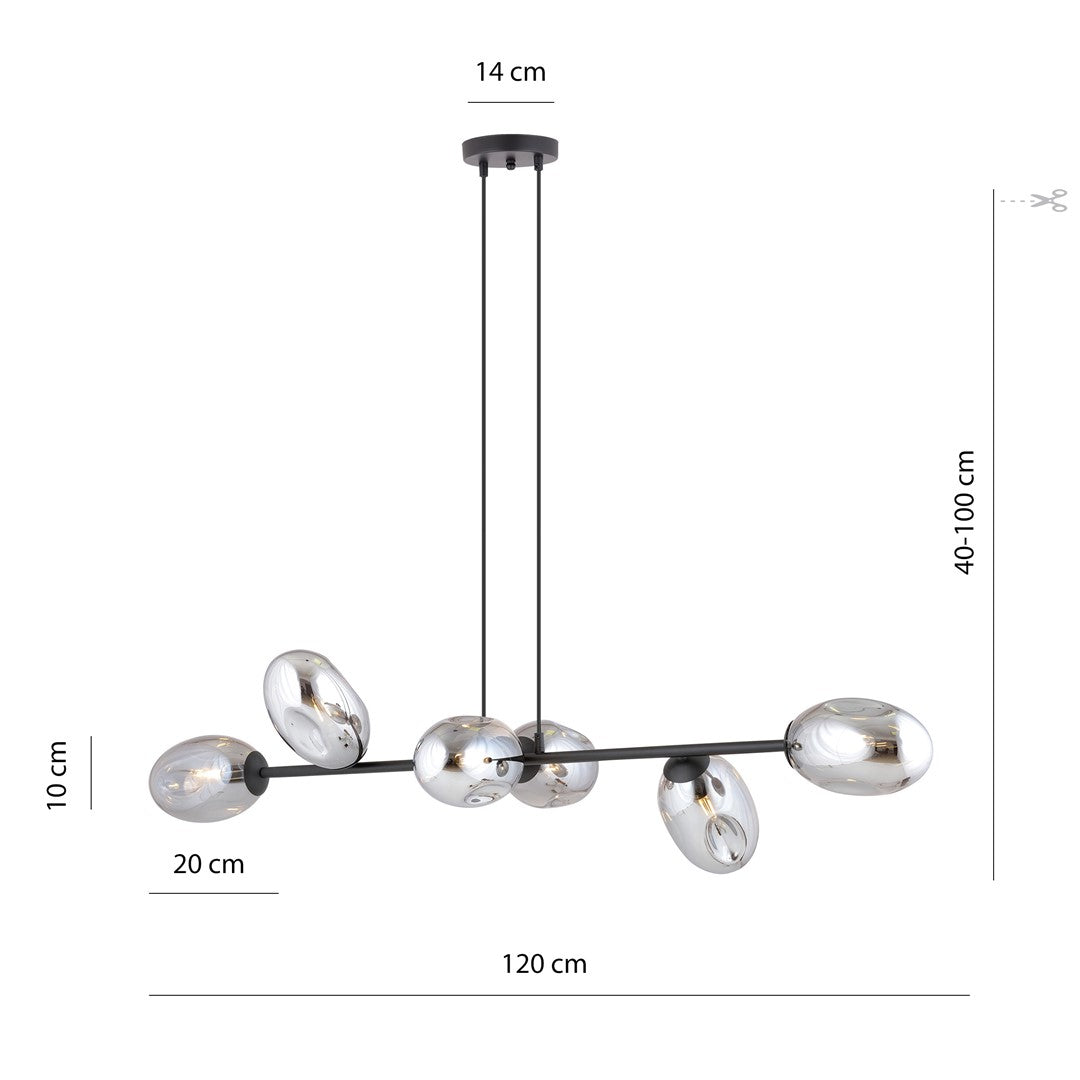 Pandora 6-light pendant lamp, black, graphite glass