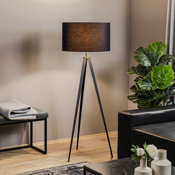 Lampadaire Tago en tissu, noir et argenté, hauteur 155 cm