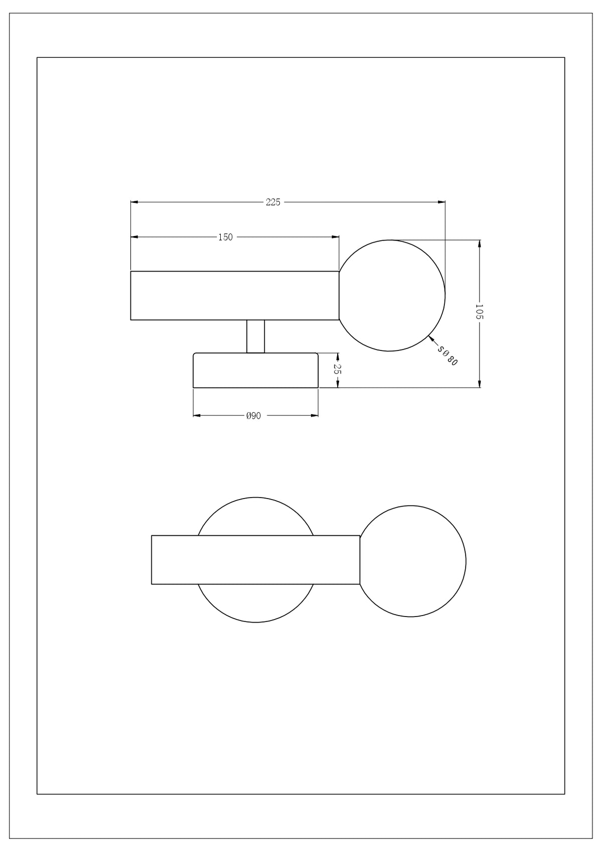 Schéma technique coté du luminaire avec dimensions en millimètres, vue de dessus et de profil