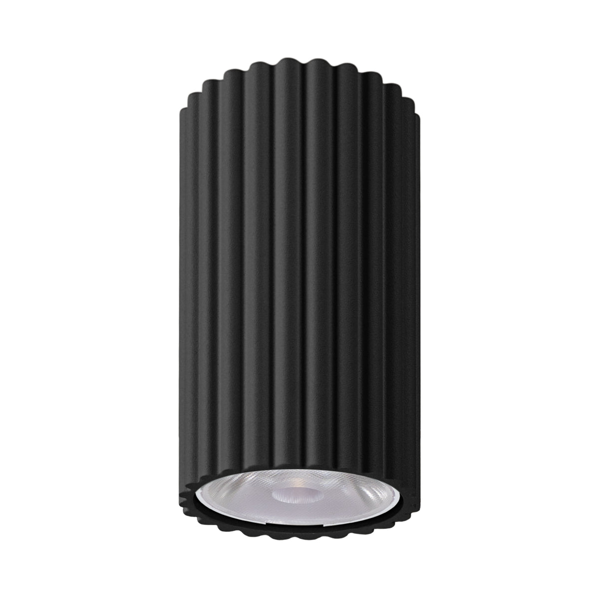 Version noire du plafonnier cylindrique strié, présentée de face sur fond blanc.