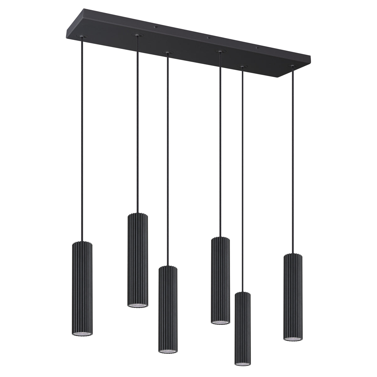 Version noire du luminaire suspendu, avec câbles noirs, cylindres et bandeau noirs.