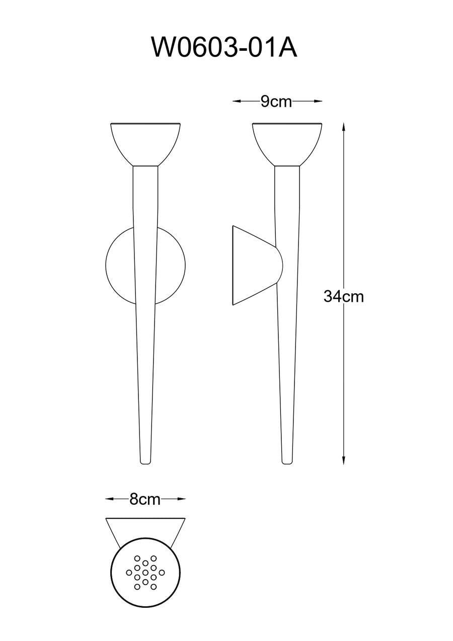 Schéma technique coté du luminaire avec hauteur 34 cm et largeur de vasque 9 cm