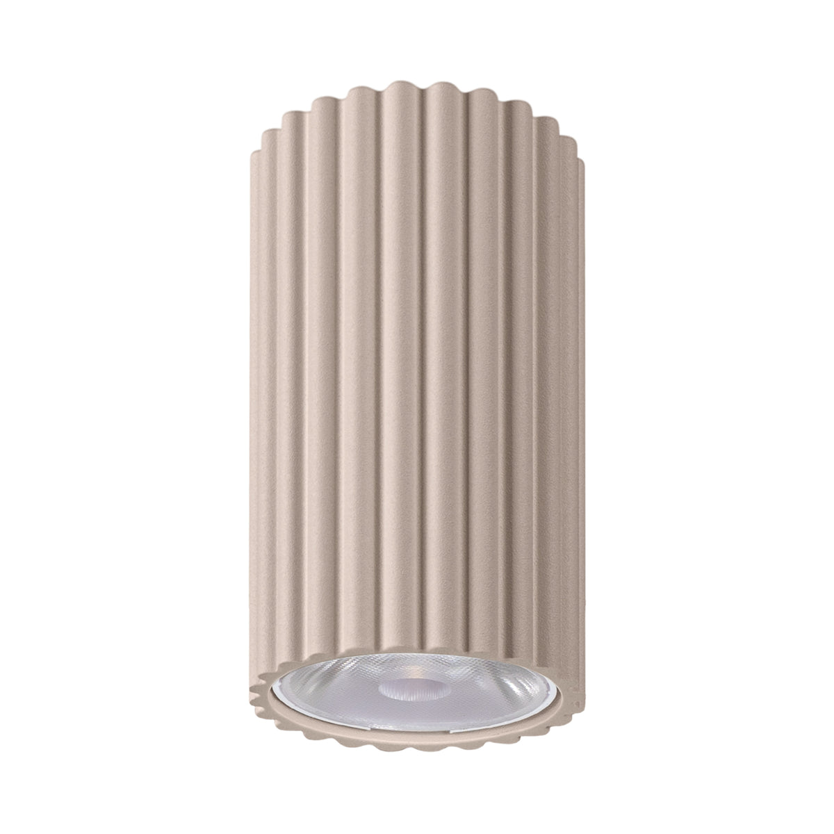 Plafonnier cylindrique beige cannelé, vu de face avec diffuseur circulaire sur fond blanc.