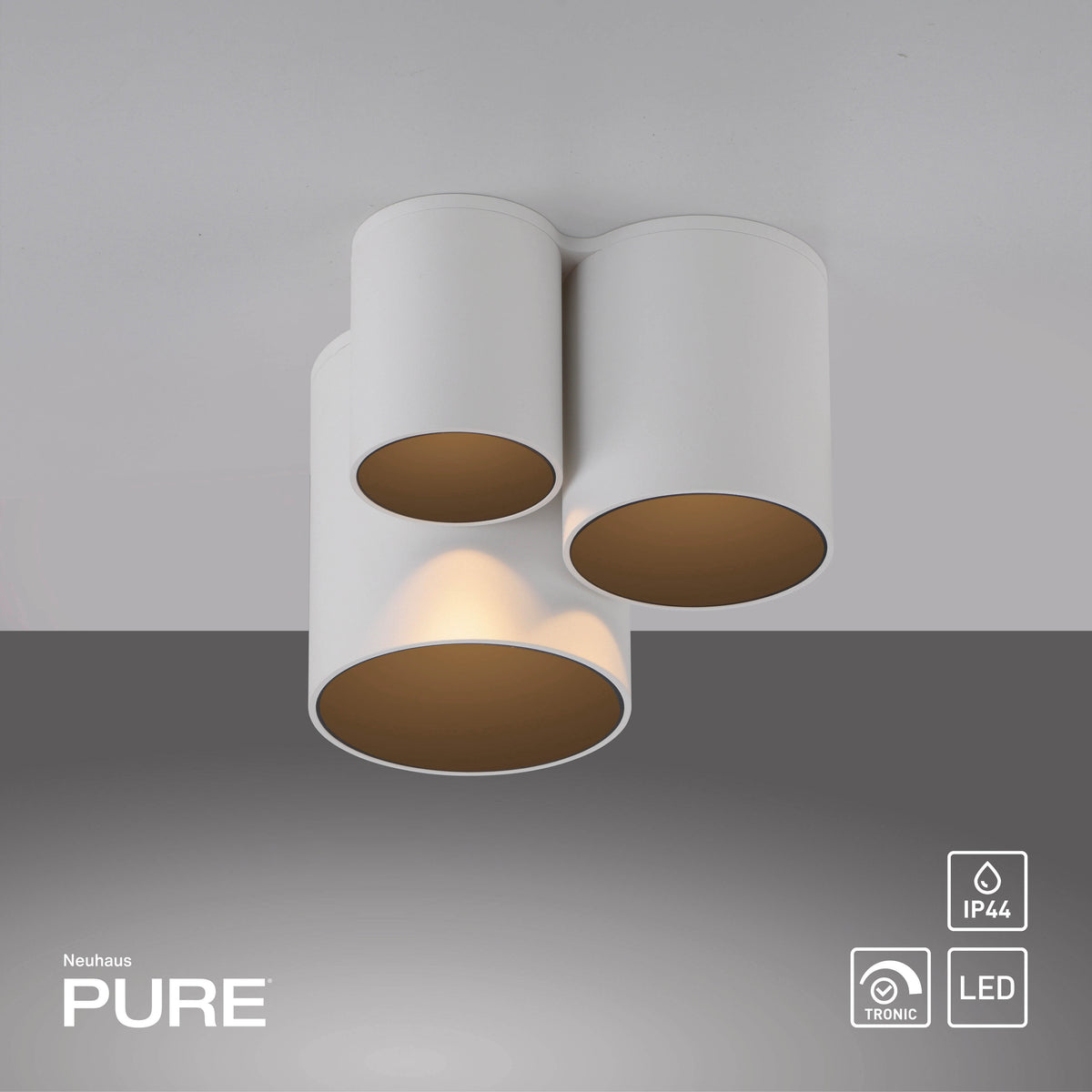 Vue de dessous du luminaire fixé au plafond, annotations IP44 et LED.