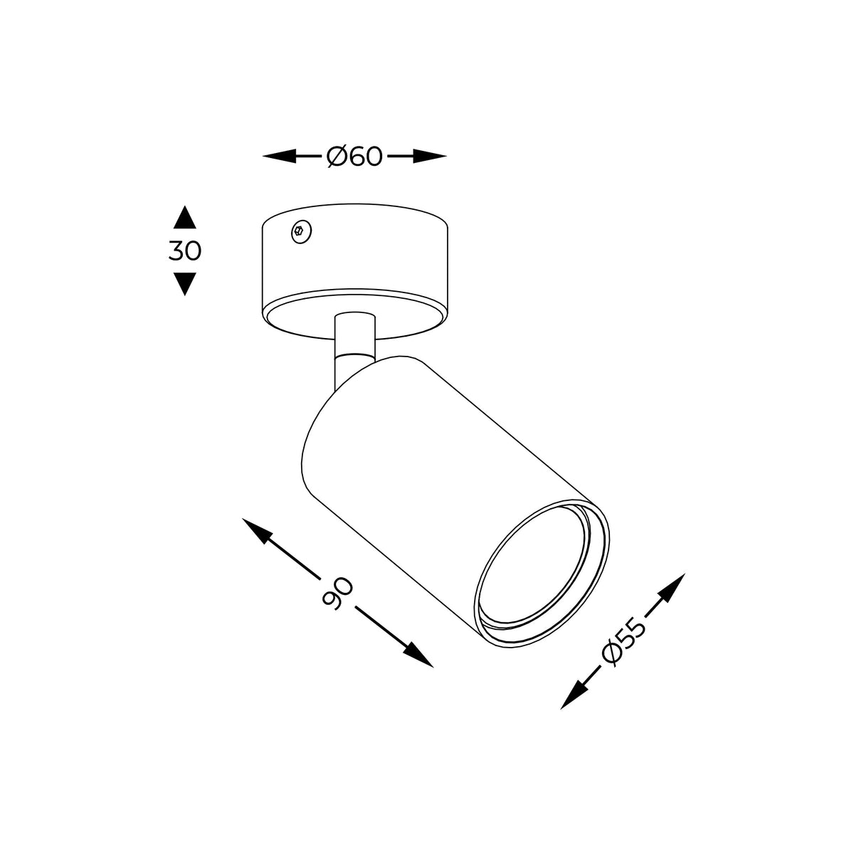 Schéma coté du spot avec diamètre base 60 mm, longueur 90 mm et diamètre 55 mm.