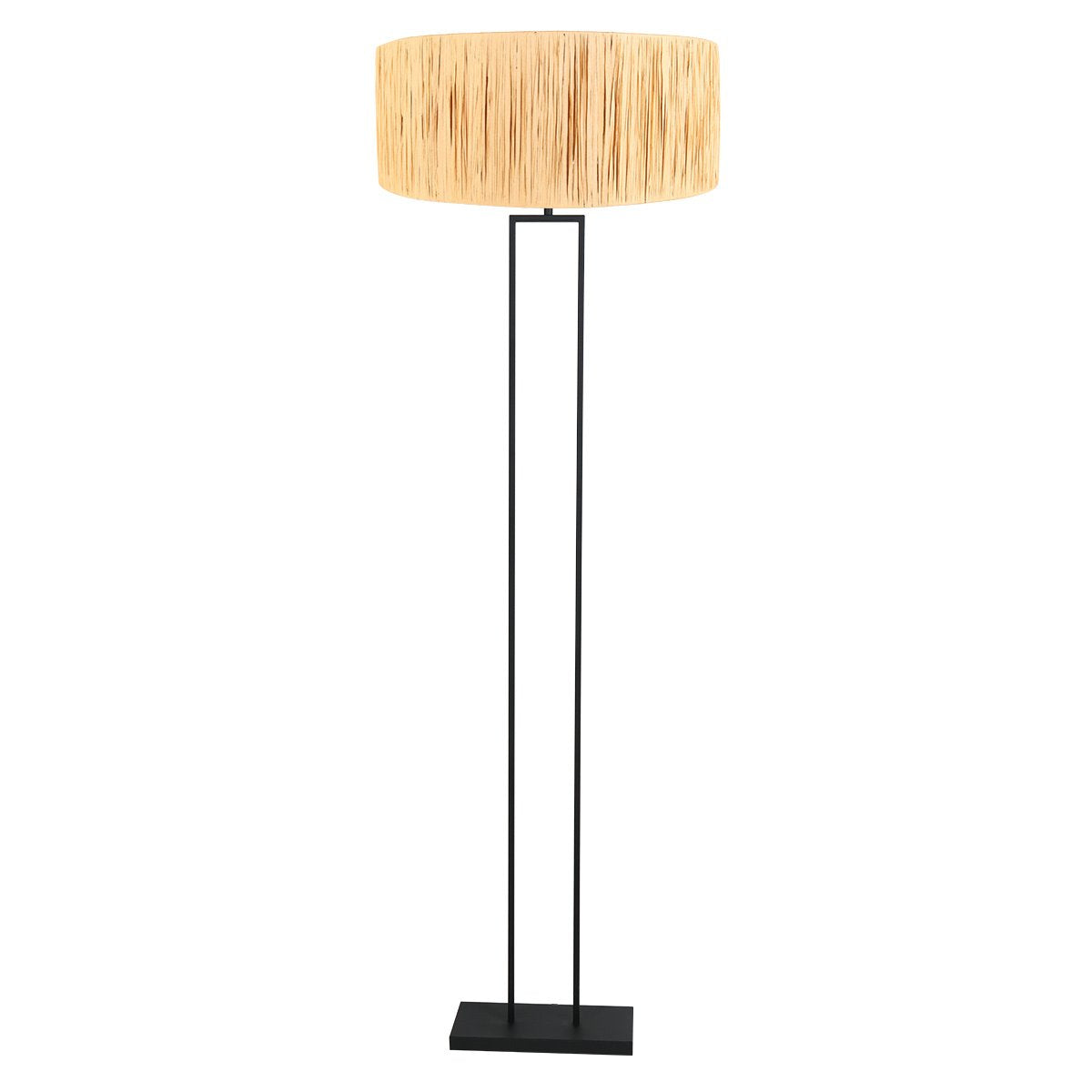 Lampadaire entier de face sur fond blanc, abat-jour en raphia et tige noire.