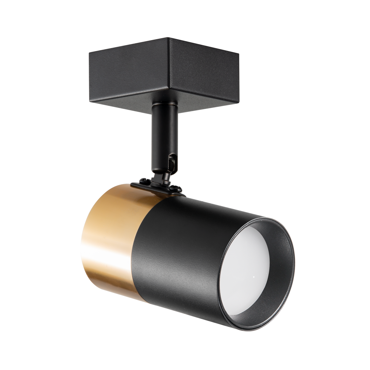 Spot cylindrique noir et doré orientable, vu de trois quarts sur fond blanc