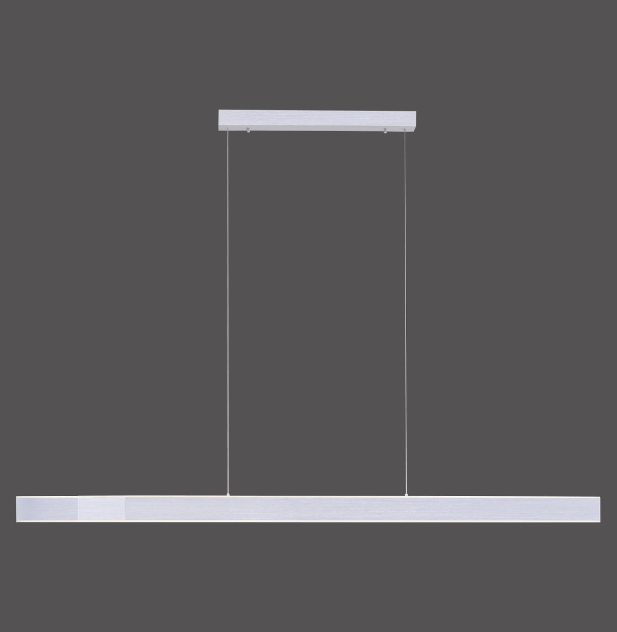 Vue de face d'une suspension linéaire aluminium avec barre rectangulaire et deux câbles.