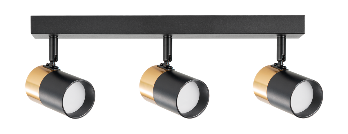 Plafonnier trois spots cylindriques noirs et dorés orientables, vu de face sur fond blanc