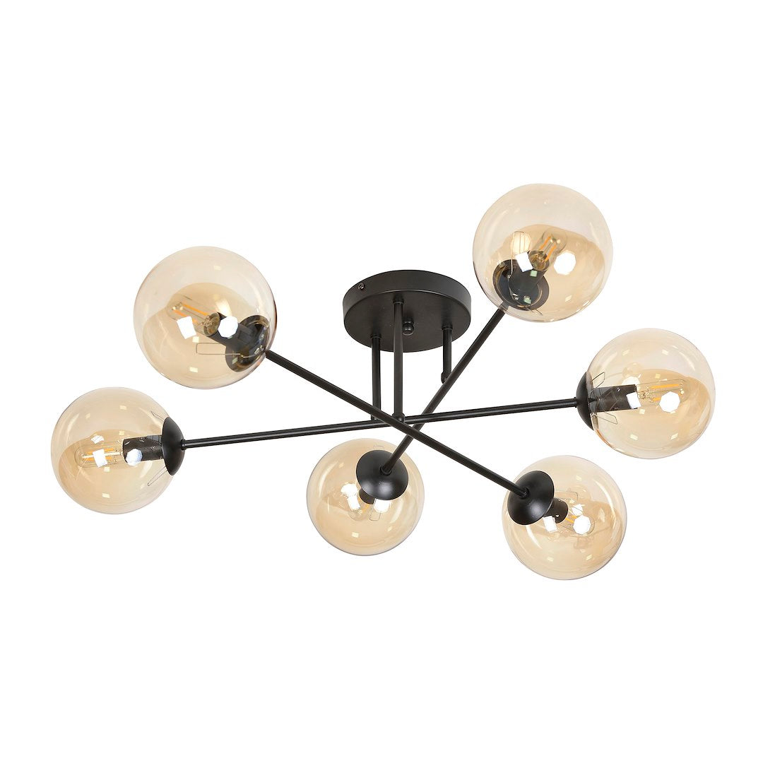 Brendi 6-light pendant lamp, black, amber glass