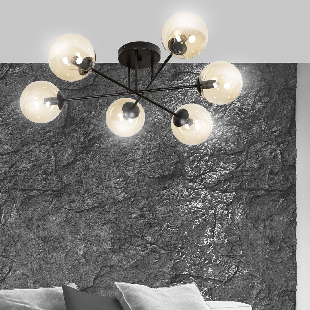 Brendi 6-light pendant lamp, black, amber glass