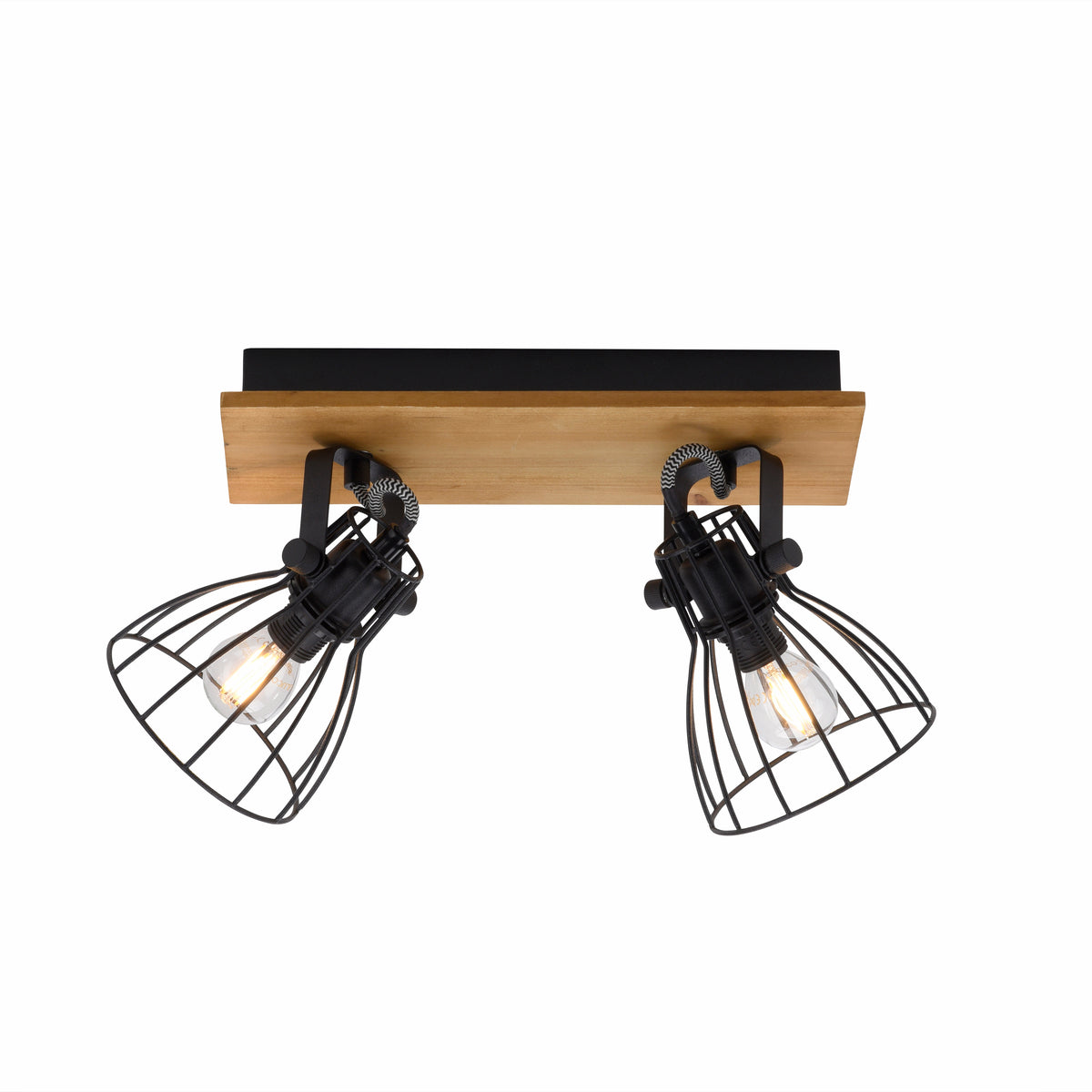 Vue de face du plafonnier deux spots cages noires sur base bois rectangulaire