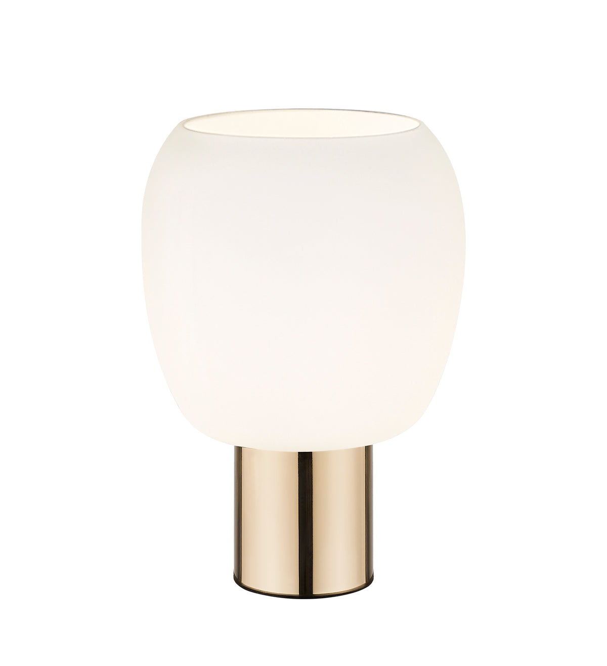 Lampe à poser de face, abat-jour en verre opalin blanc sur socle doré cylindrique
