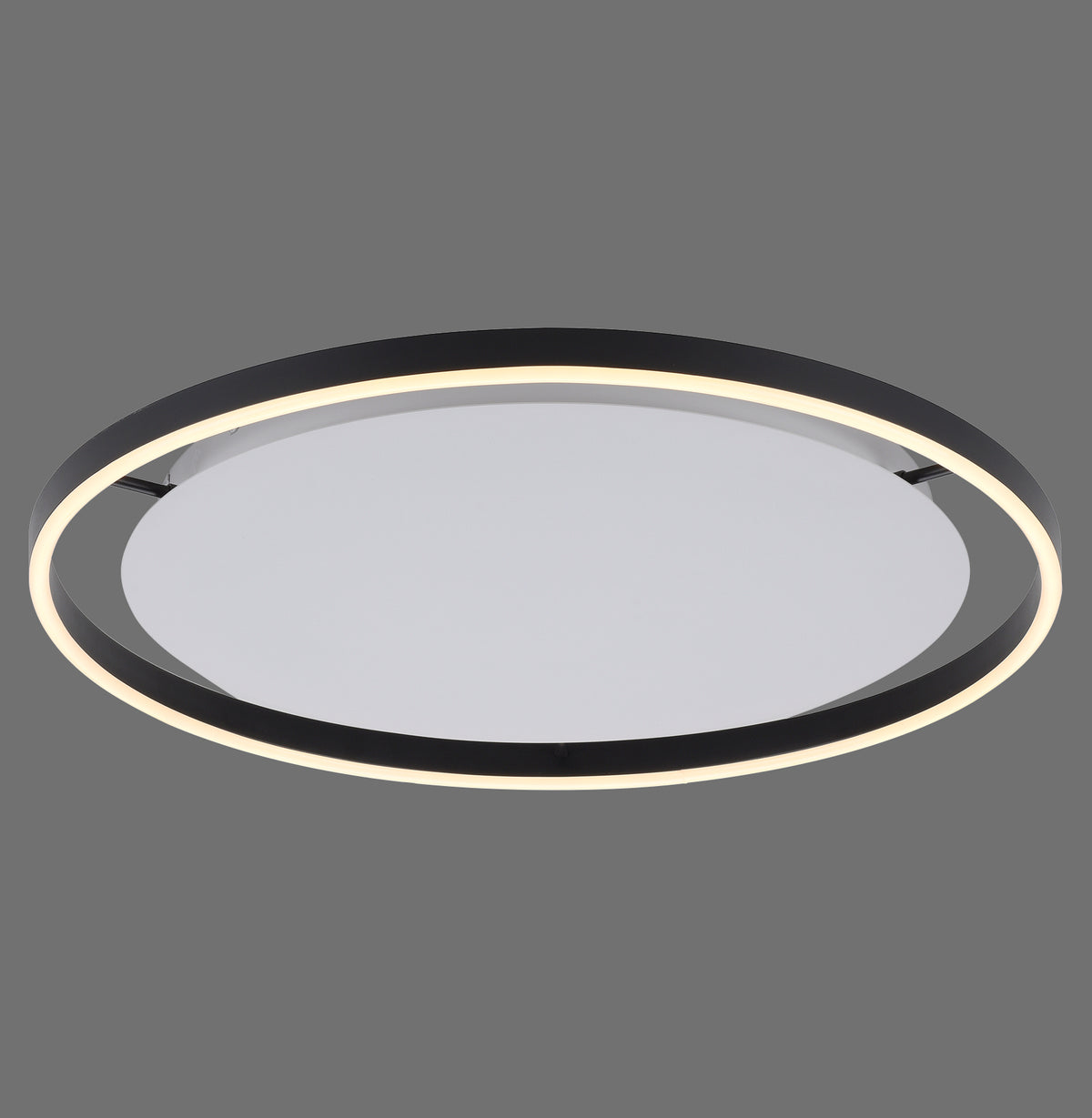 Plafonnier rond à anneau noir et diffuseur blanc, éclairage périphérique allumé.