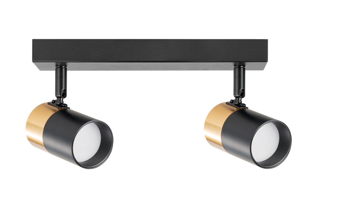 Plafonnier noir à deux projecteurs cylindriques orientables avec intérieur doré, vue de face