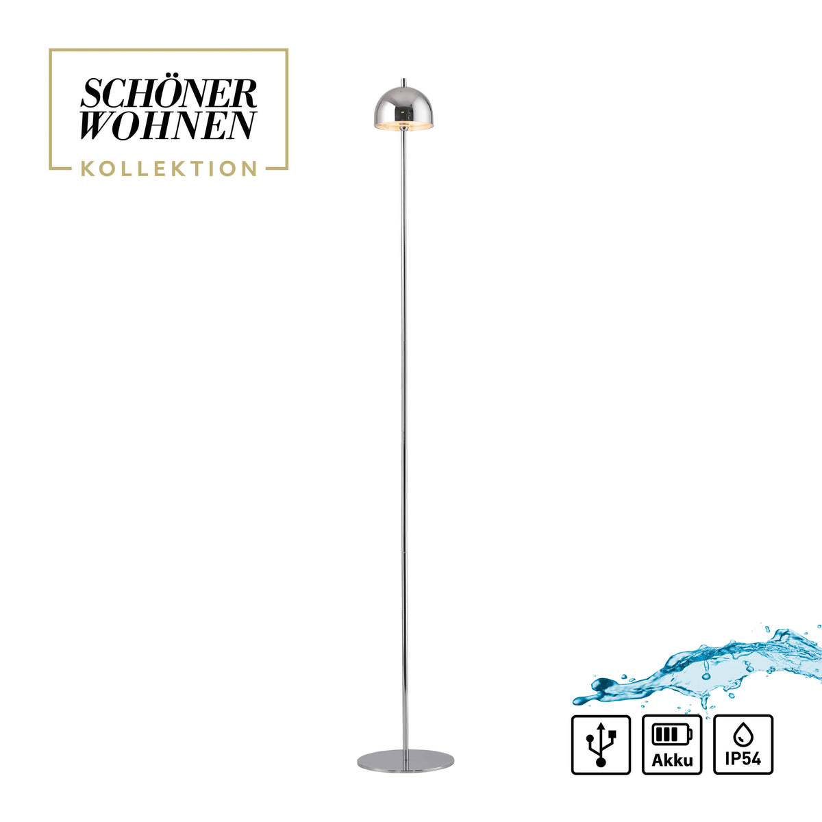 Lampadaire chromé sur fond blanc avec logo de collection et pictogrammes USB, batterie, IP54.