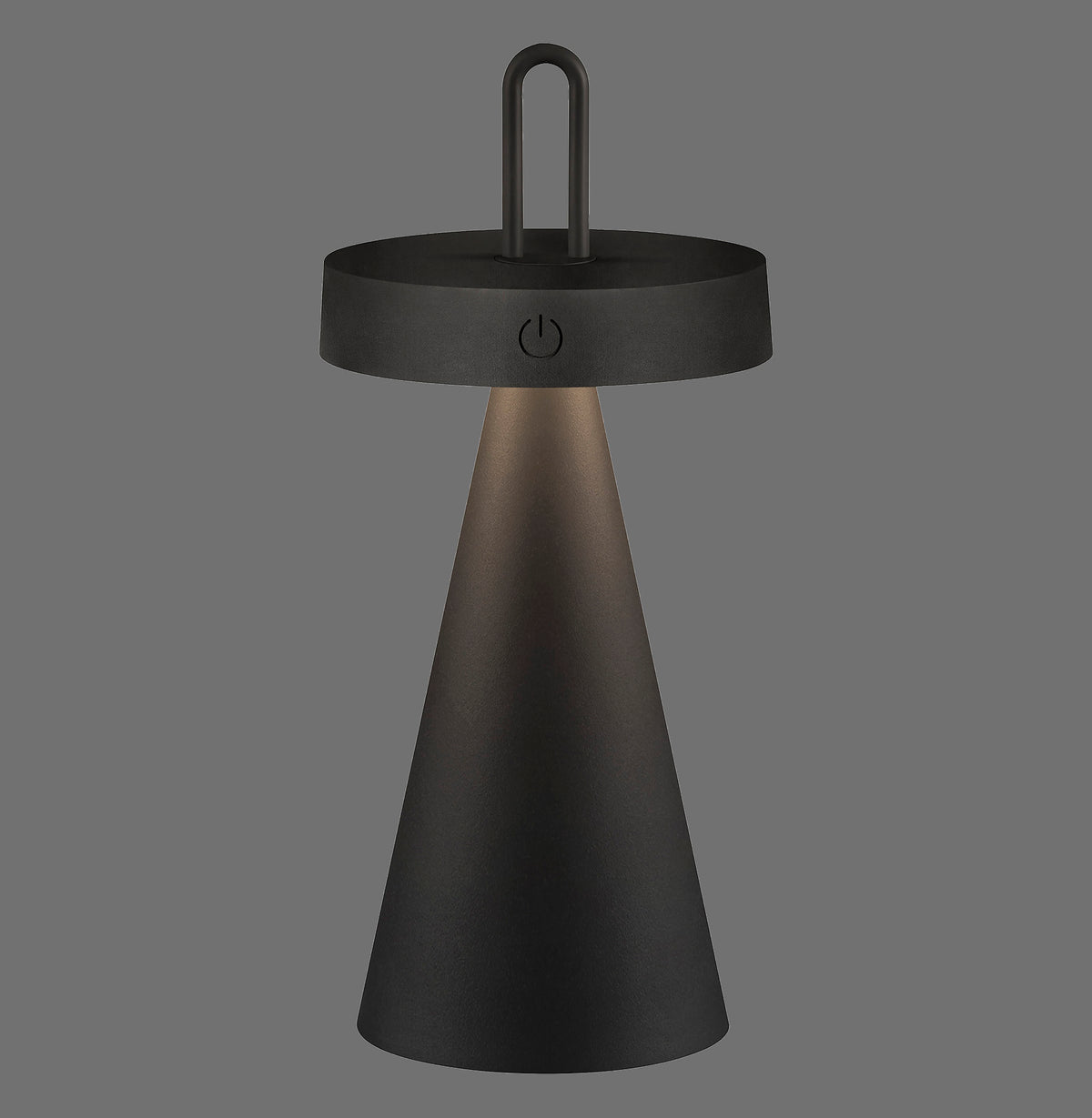 Lampe noire de face sur fond gris, anse et bouton tactile visibles.