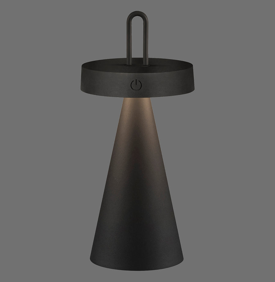 Lampe noire de face sur fond gris, anse et bouton tactile visibles.