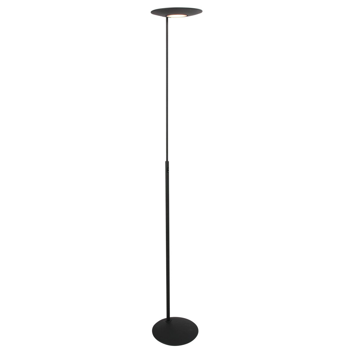 Lampadaire noir fin avec grand disque plat en partie haute sur fond blanc